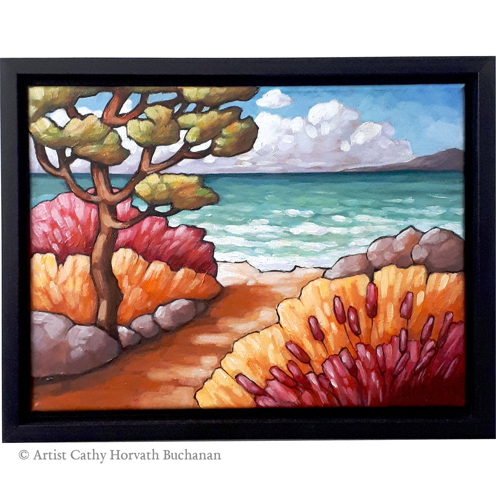 Beach Path Garden Framed Original Painting, Folk Art Coastal Seascape View 9x12