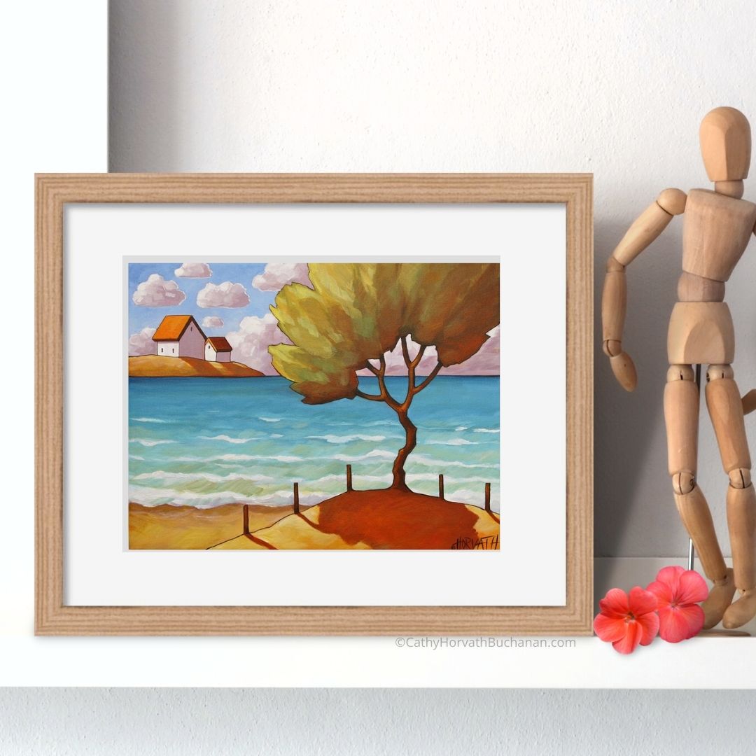 Beach Tree Cottages Seaside Summer Art Print, Coastal Giclee by artist Cathy Horvath Buchanan