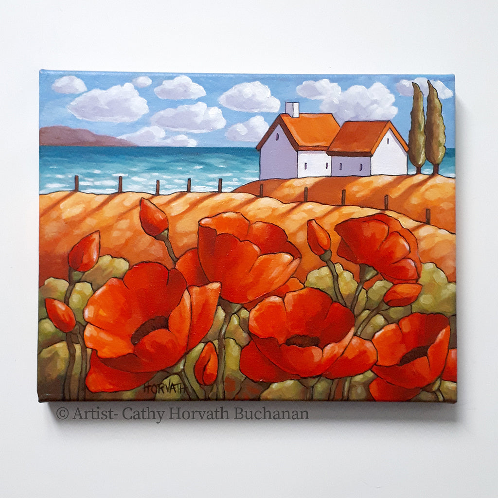 Red Poppies Seaside Framed Original Painting, Summer Flower Lake 11x14