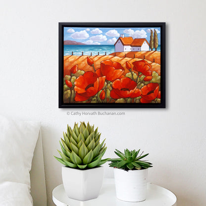 Red Poppies Seaside Framed Original Painting, Summer Flower Lake 11x14