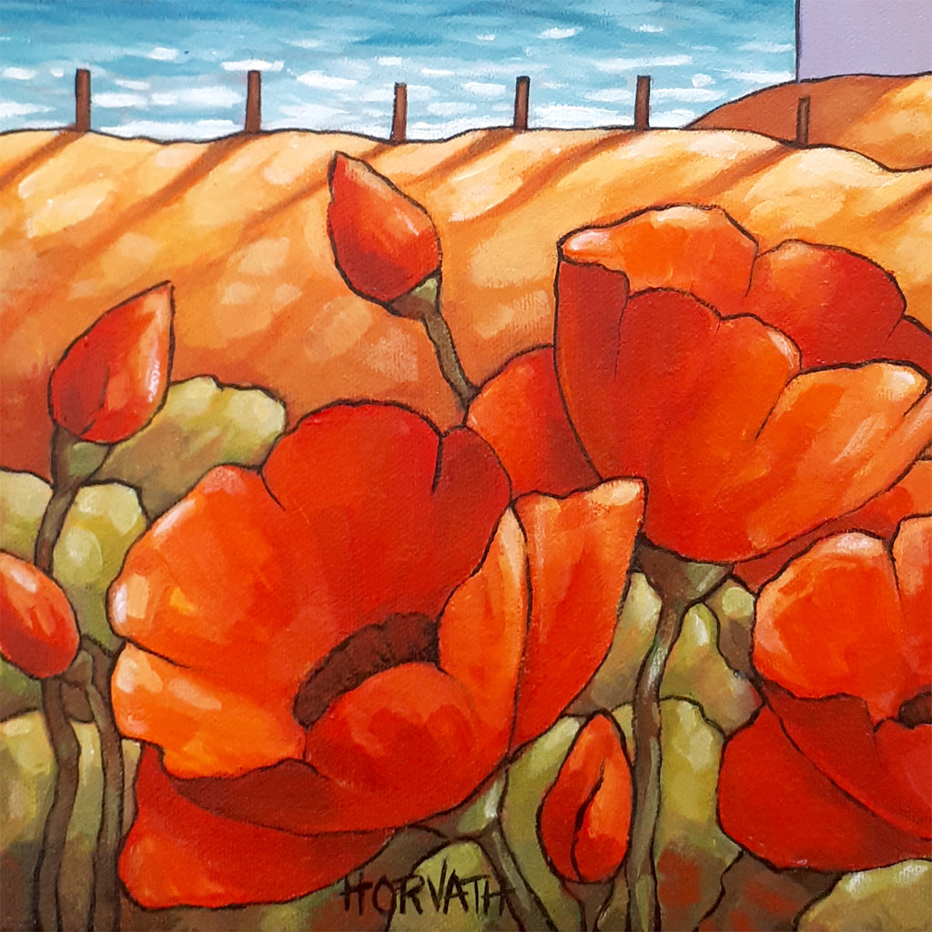 Red Poppies Seaside Framed Original Painting, Summer Flower Lake 11x14