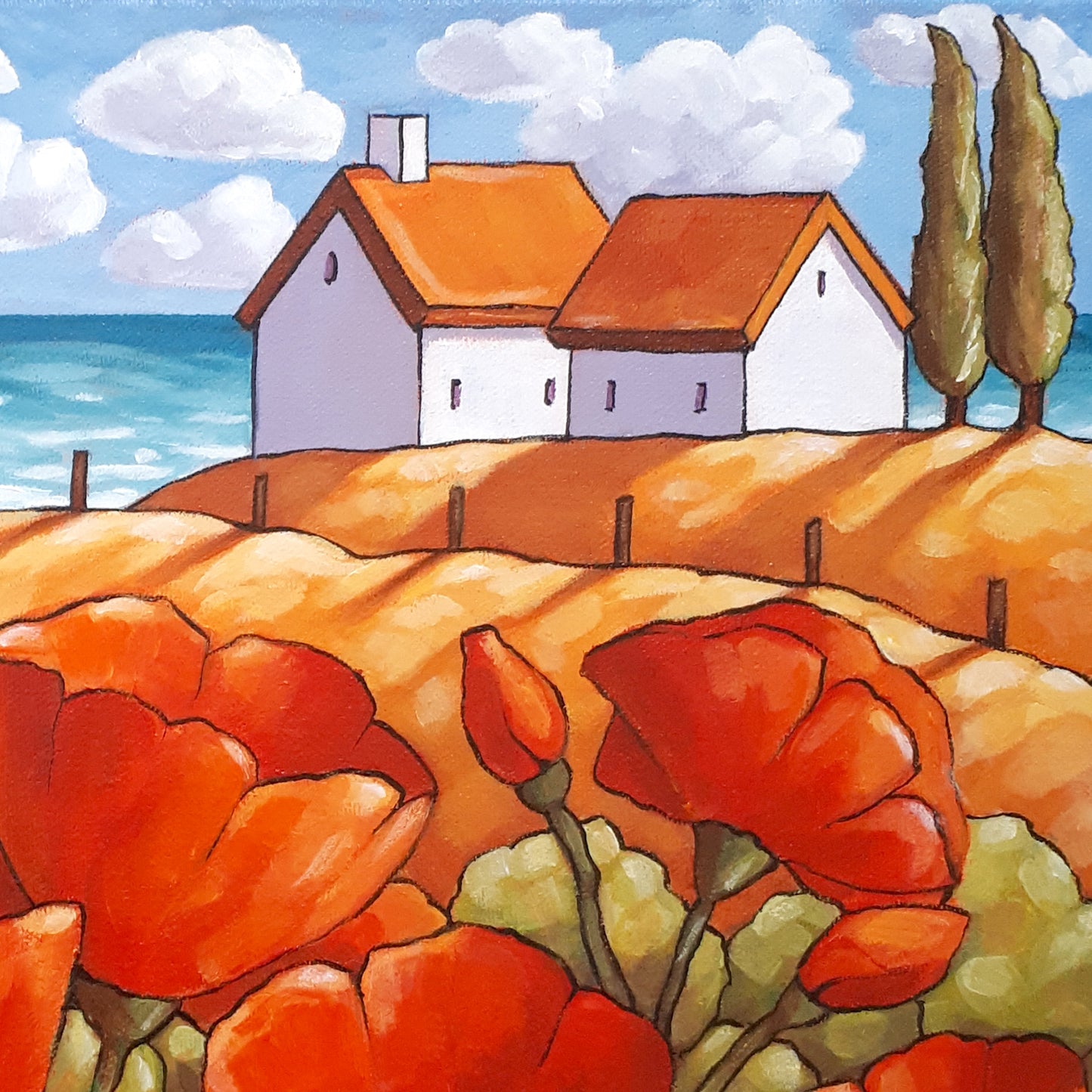 Red Poppies Seaside Framed Original Painting, Summer Flower Lake 11x14