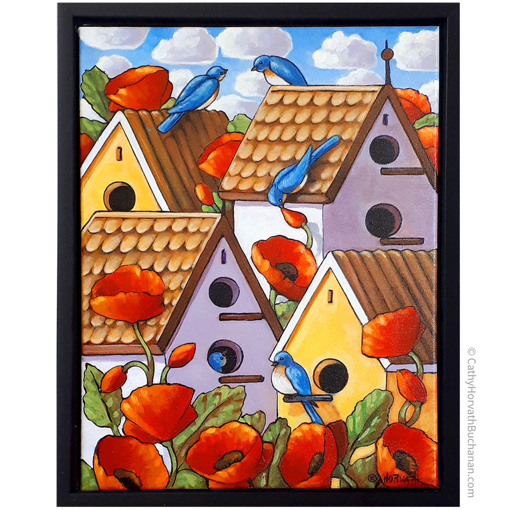 Bluebird House Poppies- Original Painting