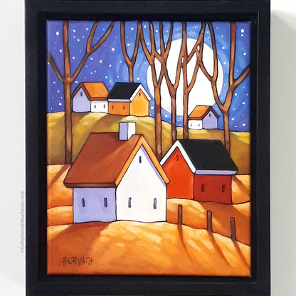 Blue Night Cottage Hills, Framed Original Painting 8x10