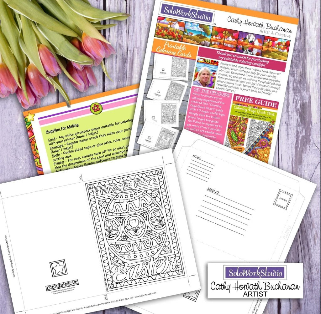 Fancy Easter Egg Coloring Kit, Card + Envelope, PDF Download Printable by Cathy Horvath Buchanan