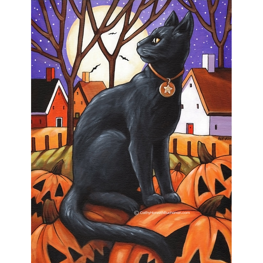 Moon Cat & Pumpkins - Art Print by artist Cathy Horvath Buchanan