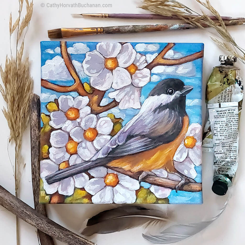 Chickadee Tree Blossoms - Original Painting by artist Cathy Horvath Buchanan