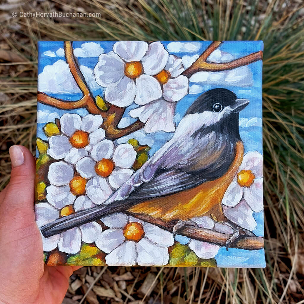 Chickadee Tree Blossoms - Original Painting by artist Cathy Horvath Buchanan