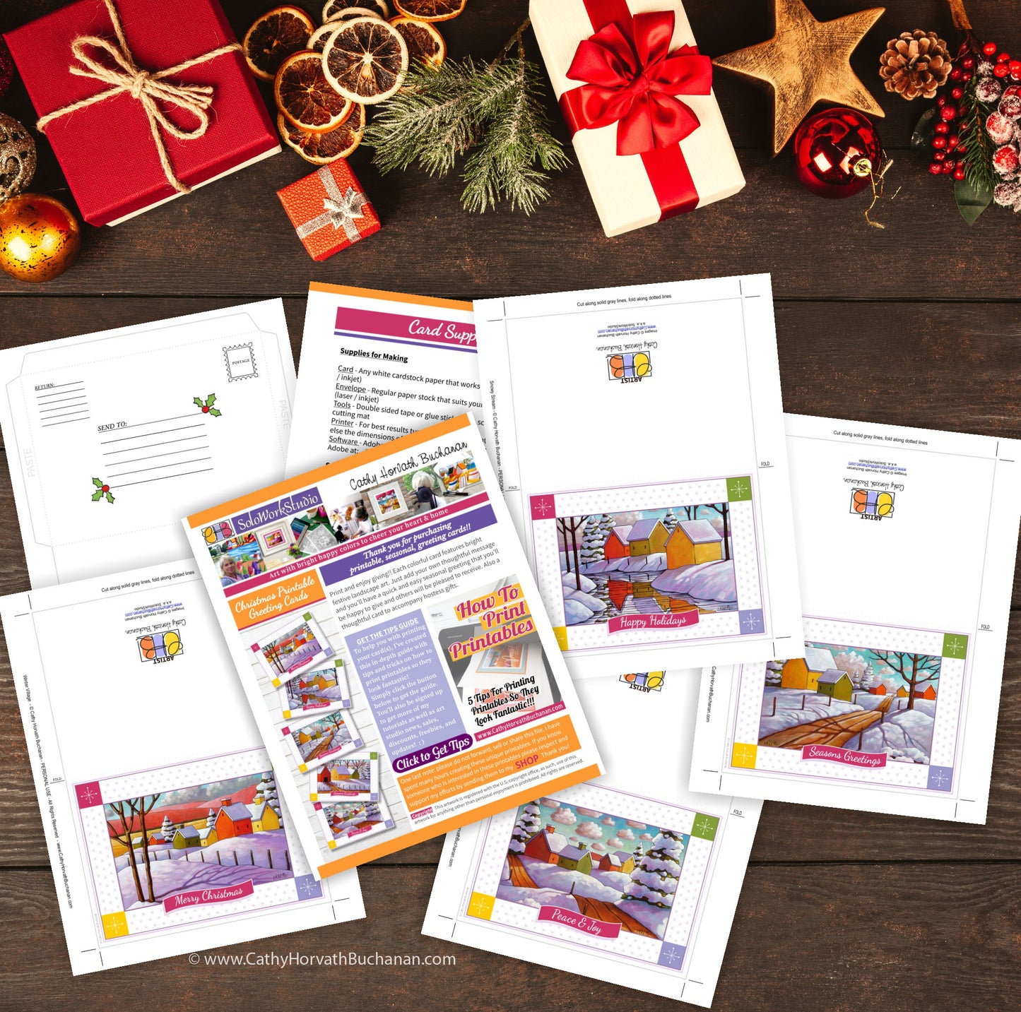 Christmas Scenes Printable Cards Set of 5 Kit, PDF Instant Download
