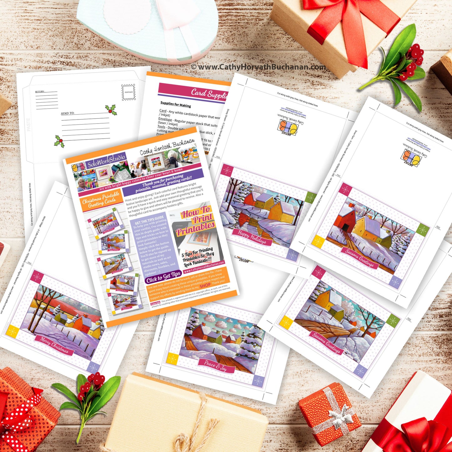 Christmas Scenes Printable Cards Set of 5 Kit, PDF Instant Download