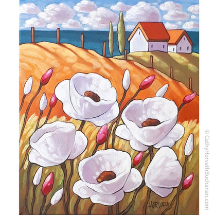 Coastal Cottages White Flowers Original Painting, Seascape 10x12
