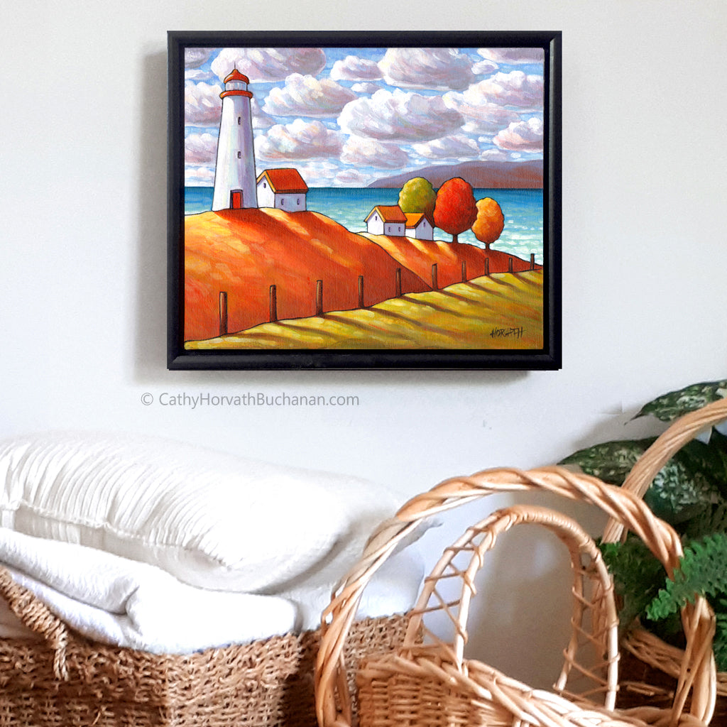 Coastal Lighthouse Cottage View Framed Original Painting, Seascape 10x12 by artist Cathy Horvath Buchanan