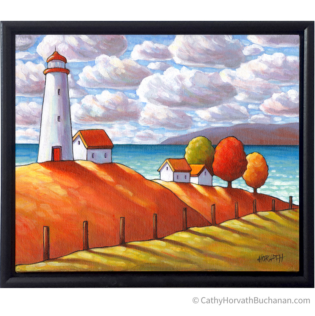 Coastal Lighthouse Cottage View Framed Original Painting, Seascape 10x12 by artist Cathy Horvath Buchanan