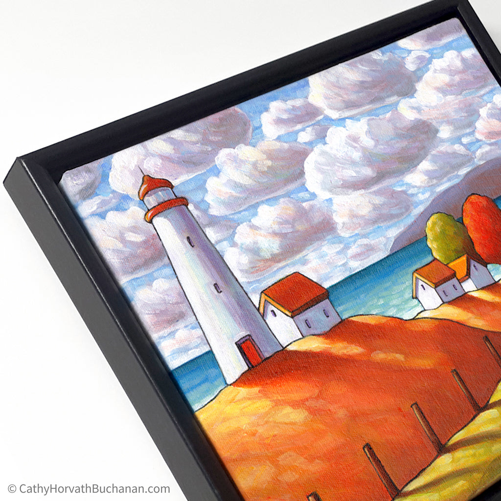 Coastal Lighthouse Cottage View Framed Original Painting, Seascape 10x12 by artist Cathy Horvath Buchanan