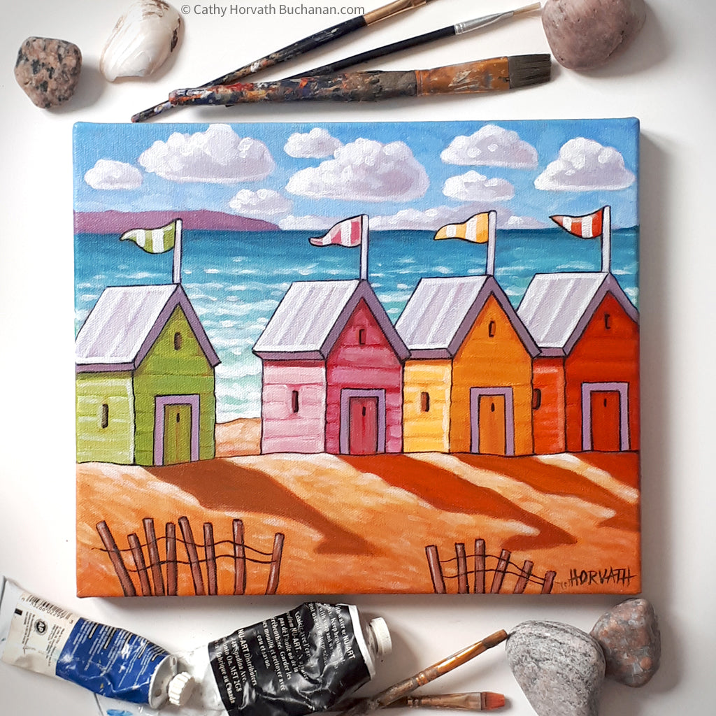 Beach Huts Coastal Framed Original Painting, Seascape 10x12 by artist Cathy Horvath Buchanan