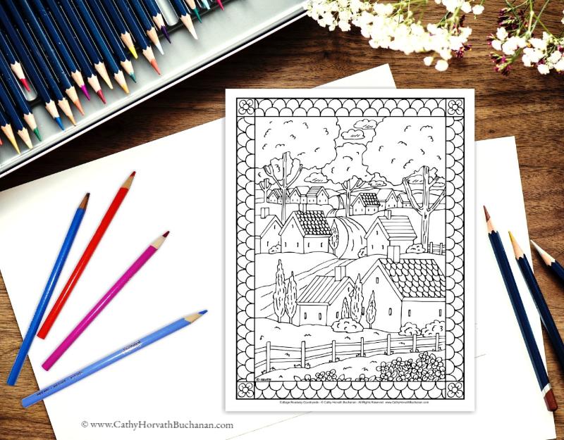 Town Country Folk Art Scenes Coloring Pages 10 Pack , PDF Printable Download by Cathy Horvath Buchanan