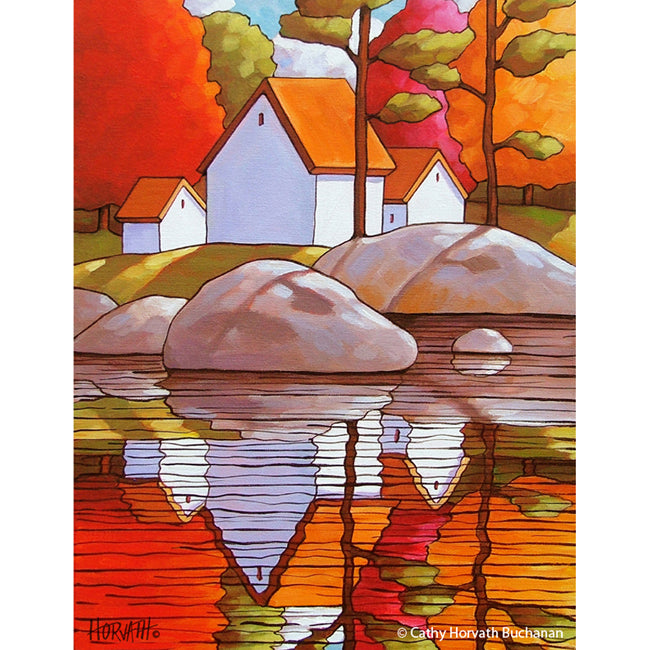 Autumn Rocky Shore Art Print, Fall Tree Waterside Cottages Folk Art Giclee by artist Cathy Horvath Buchanan