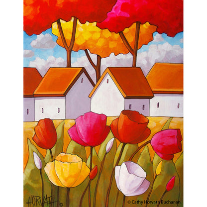 Spring Tulips Flower Garden Cottages, Floral Easter Folk Art Print by artist Cathy Horvath Buchanan