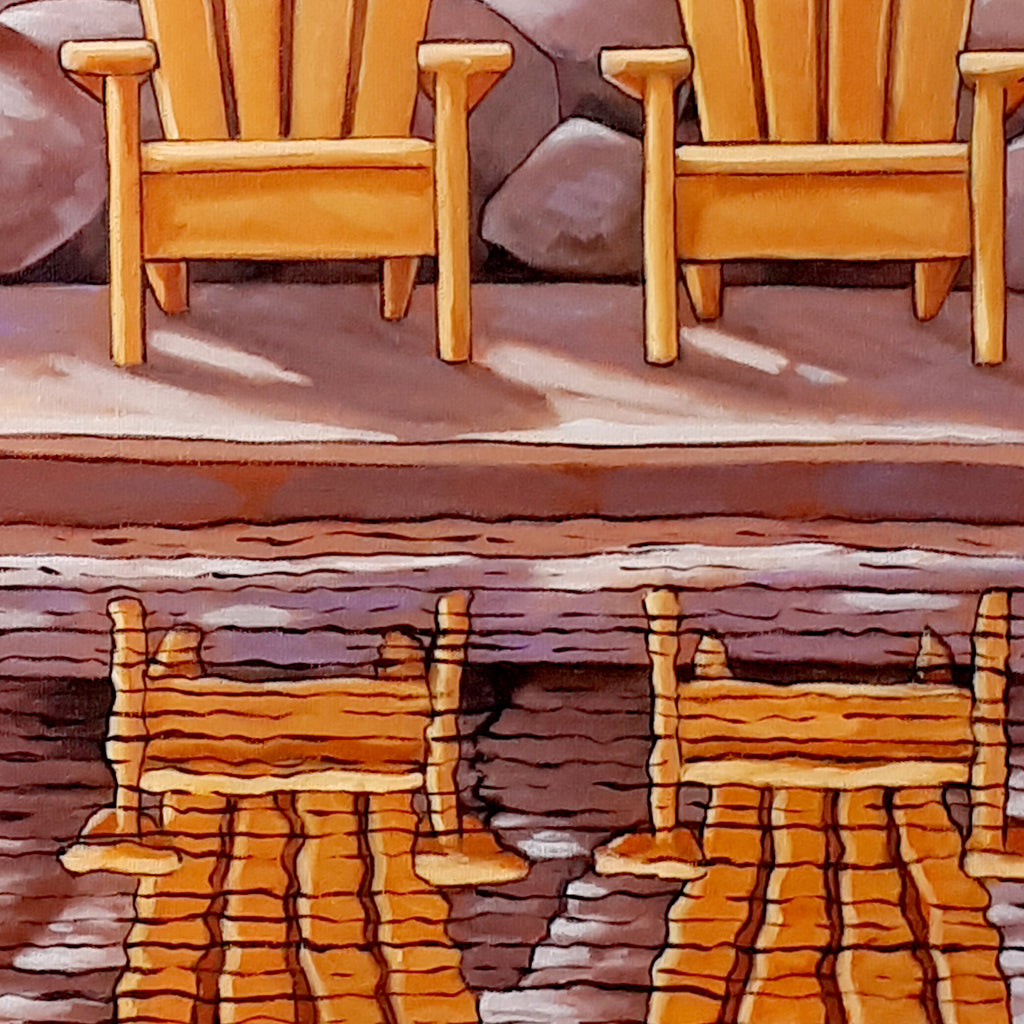 Canoe w Deck Chairs Framed Original Painting, Coastal Seascape 16x20 by artist Cathy Horvath Buchanan
