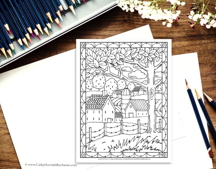 Town Country Folk Art Scenes Coloring Pages 10 Pack , PDF Printable Download by Cathy Horvath Buchanan