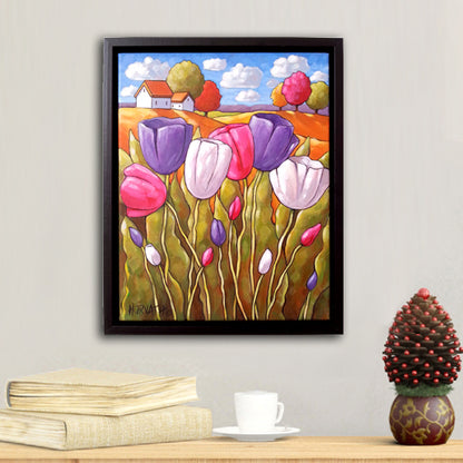 Countryside Tulips, Framed Original Painting, Spring Folk Art Landscape 11x14