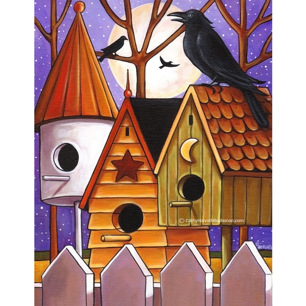 Moon Crows Houses - Art Print Giclee by artist Cathy Horvath Buchanan