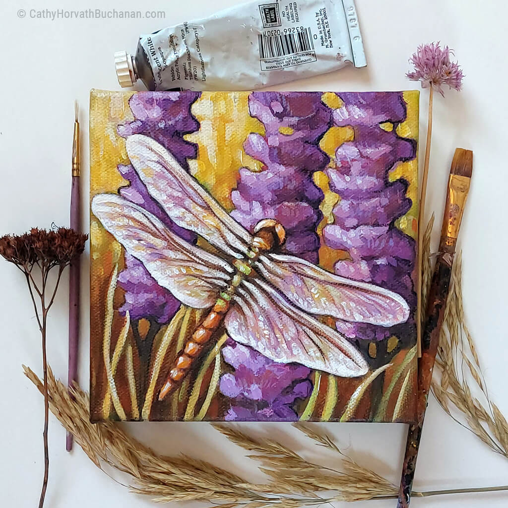 Dragonfly Field Flowers - Original Painting by artist Cathy Horvath Buchanan flatlay
