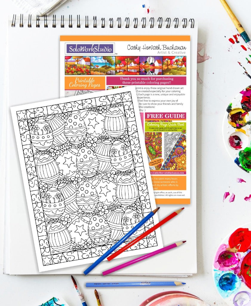 Easter Eggs Flower Rows Coloring Page, PDF Instant Download Printable