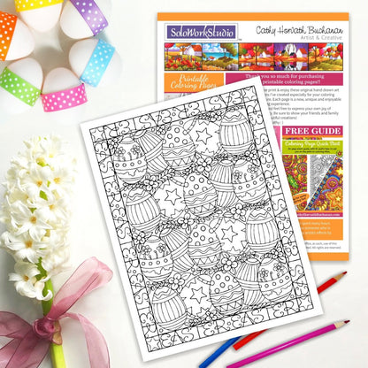 Easter Eggs Flower Rows Coloring Page, PDF Instant Download Printable