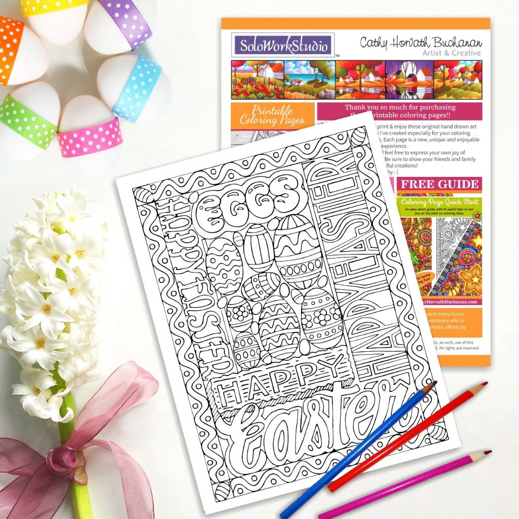 Happy Easter Egg Words Coloring Page, PDF Download Printable by Cathy Horvath Buchanan