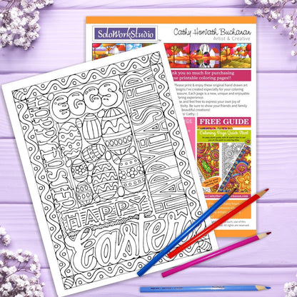 Happy Easter Egg Words Coloring Page, PDF Download Printable by Cathy Horvath Buchanan