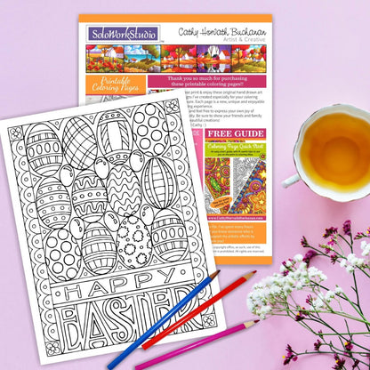 Eggs Jellybeans Happy Easter Coloring Page by Artist Cathy Horvath Buchanan 