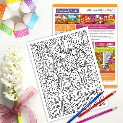 Eggs Jellybeans Happy Easter Coloring Page by Artist Cathy Horvath Buchanan 