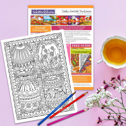 Four Fancy Easter Eggs Coloring Page by Artist Cathy Horvath Buchanan