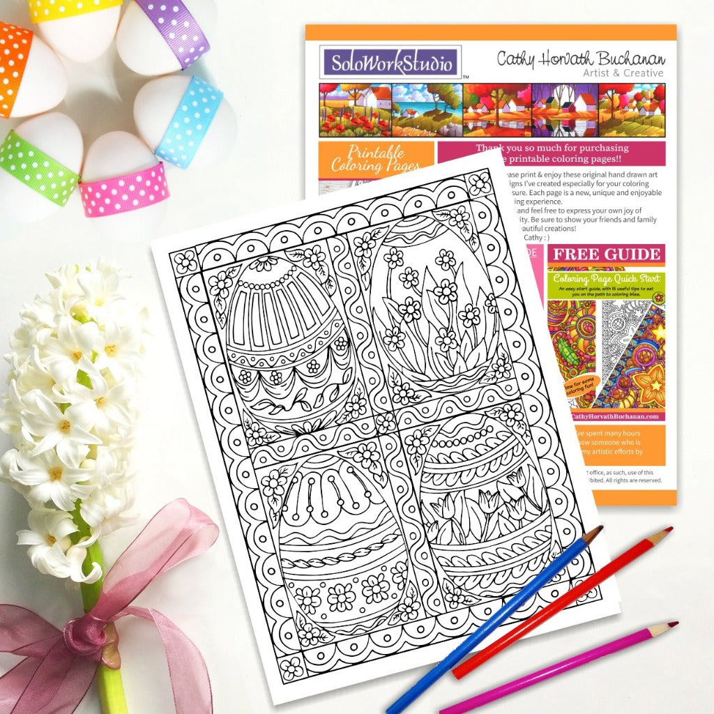 Four Fancy Eggs Easter Coloring Page, PDF Download Printable by Cathy Horvath Buchanan