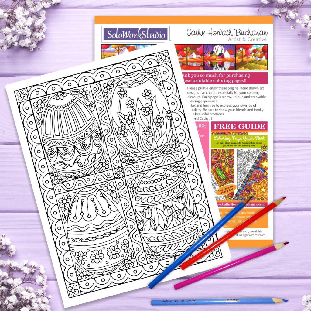 Four Fancy Eggs Easter Coloring Page, PDF Download Printable by Cathy Horvath Buchanan