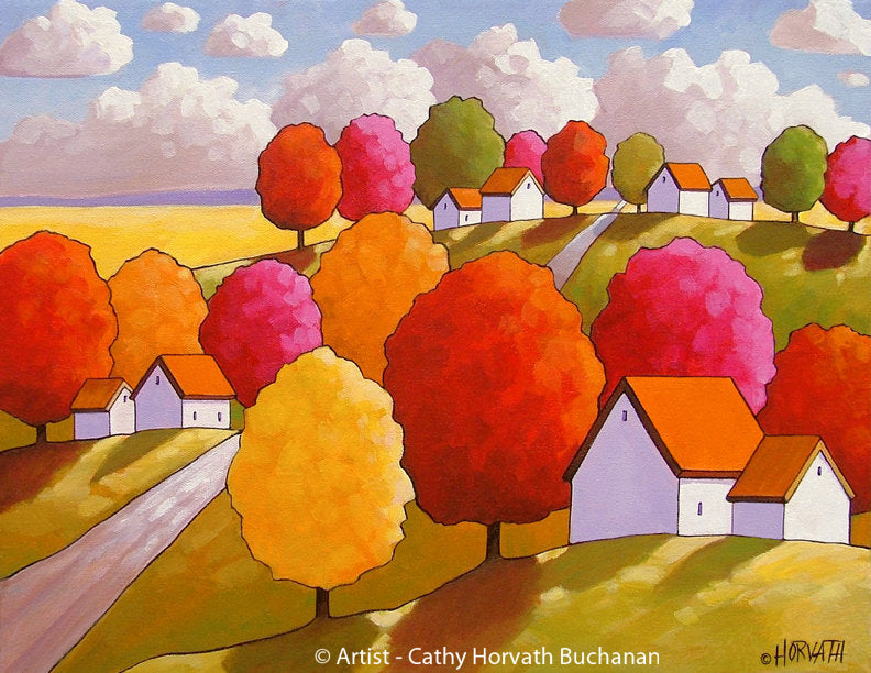 Fall Landscape Hills Road Folk Art Print, Autumn Tree Colors Giclee by artist Cathy Horvath Buchanan