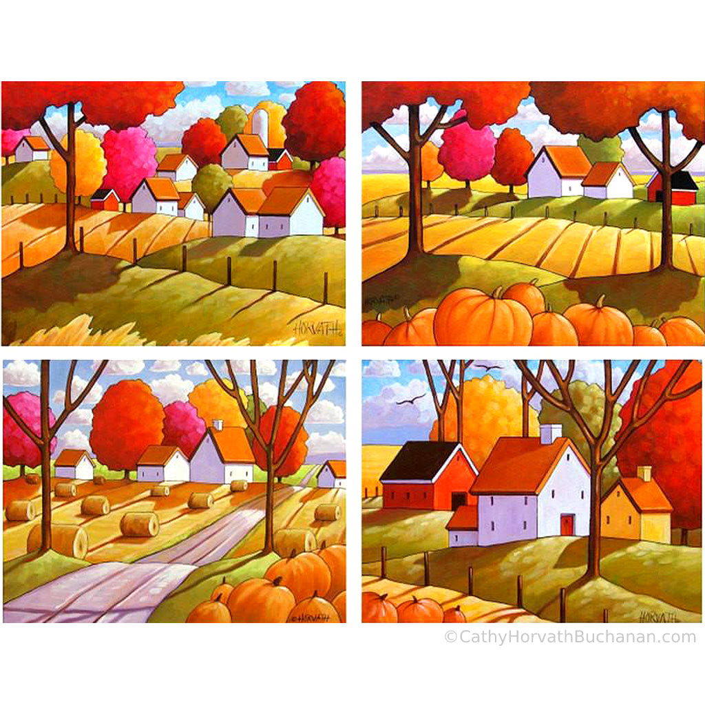 5x7 Set of 4 Rural Farmhouse Art Prints, Fall Country Collection Giclees by artist Cathy Horvath Buchanan