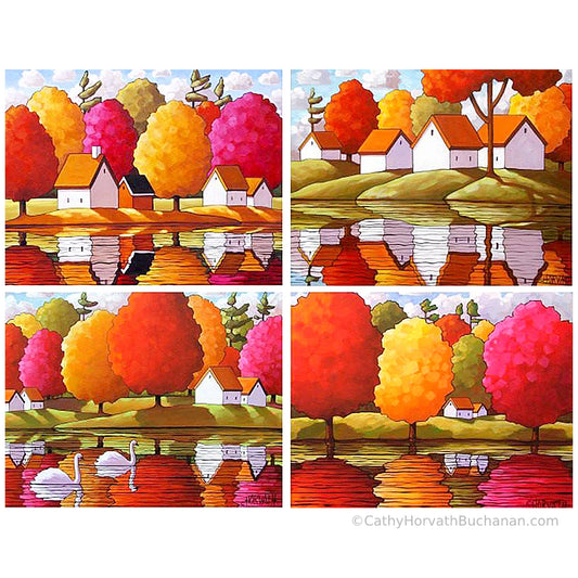 5x7 Set of 4 Fall Reflection Landscape Art Prints, Fall Country Collection Giclees by artist Cathy Horvath Buchanan