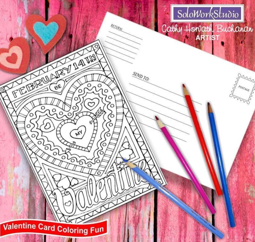 valentine coloring card illustration by cathy horvath buchanan