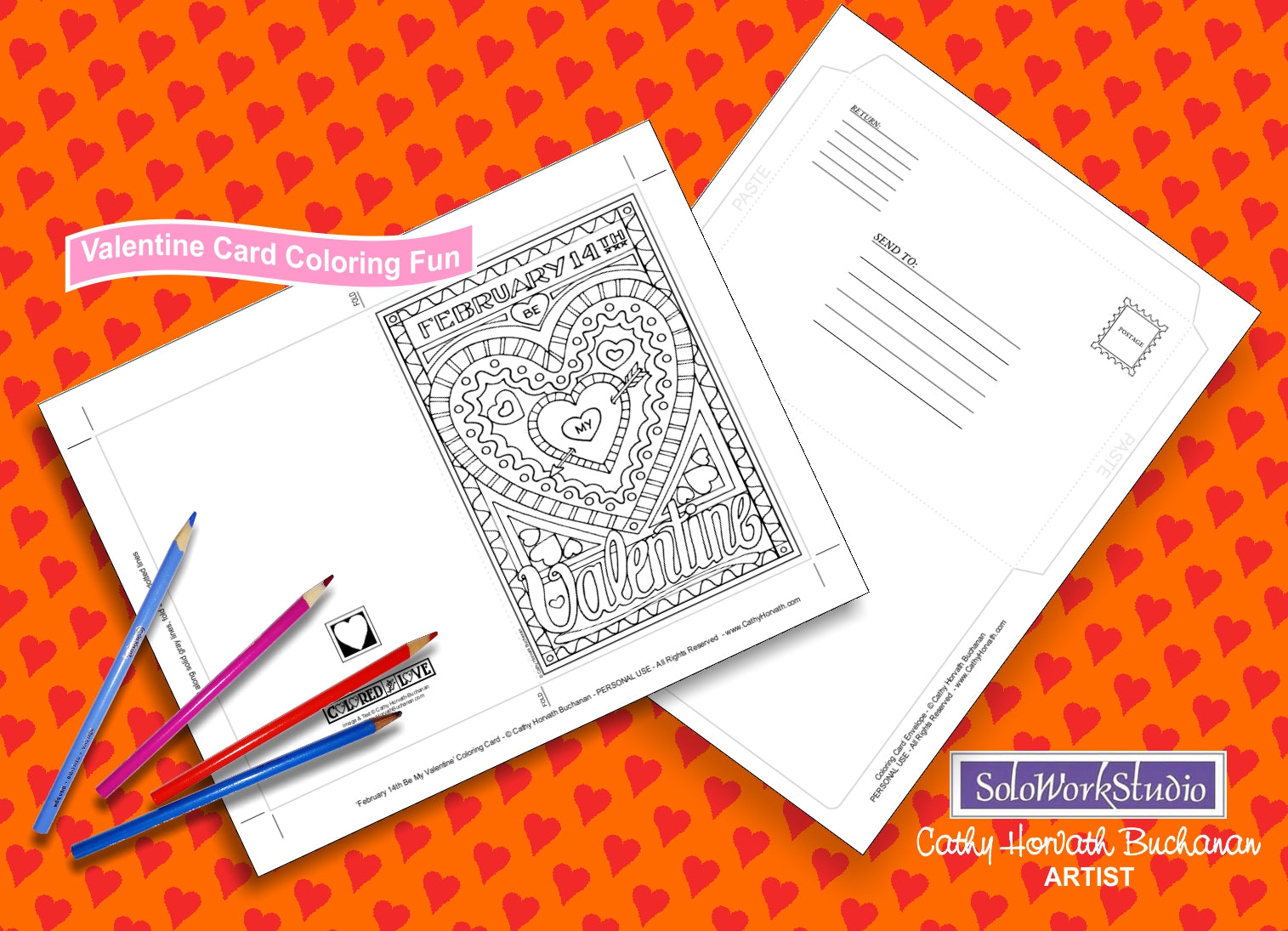 Be My Feb 14th Valentine, Coloring Kit Card + Envelope, PDF Instant Download