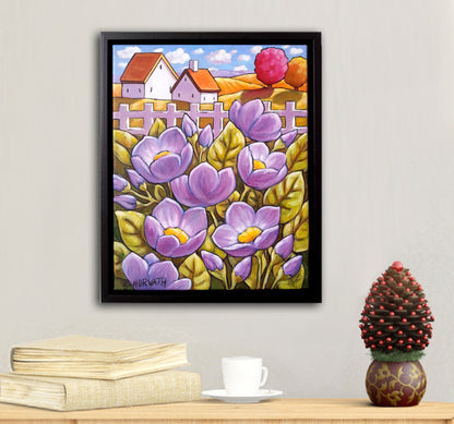 Purple Country Blooms, Framed Original Painting, Flower Garden Landscape 11x14