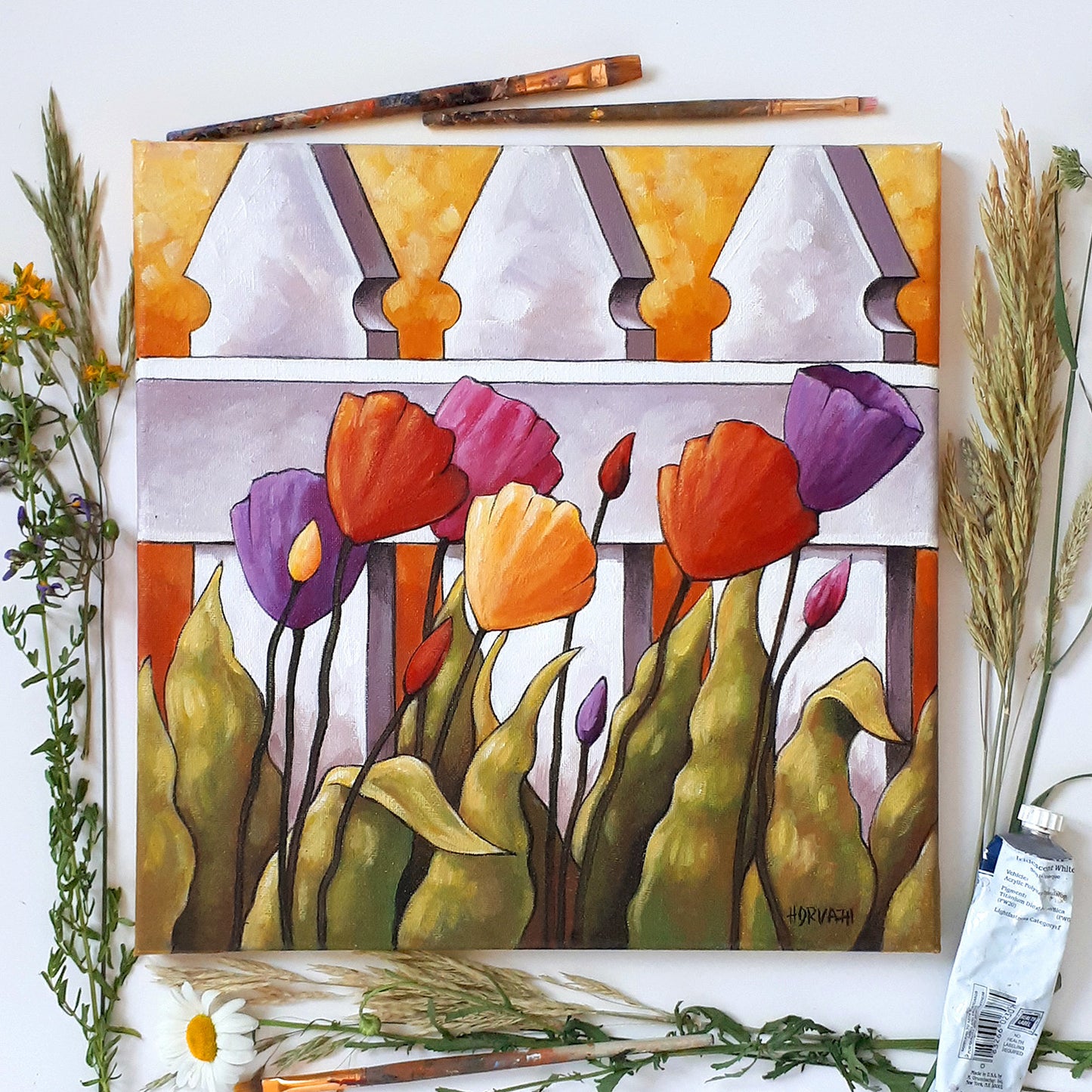 Tulips Fence I - Original Painting by artist cathy horvath buchanan