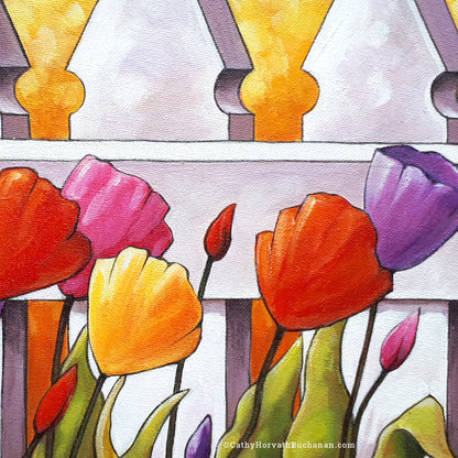 Tulips Fence I - Original Painting