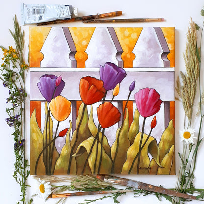 Tulips Fence II - Original Painting by artist cathy horvath buchanan