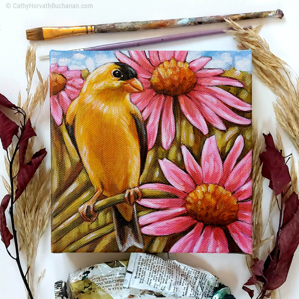 Goldfinch Coneflowers - Original Painting by artist Cathy Horvath Buchanan flatlay