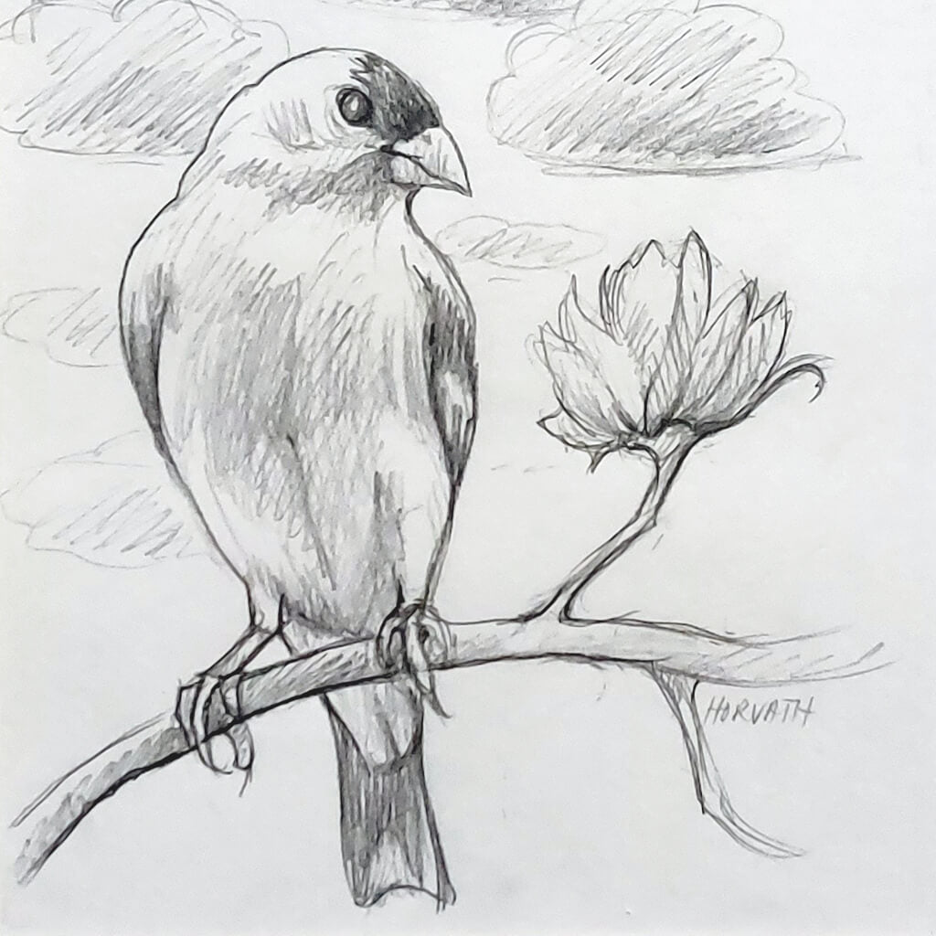 Goldfinch, Flights of Fancy, Sketch 6x6 by artist Cathy Horvath Buchanan