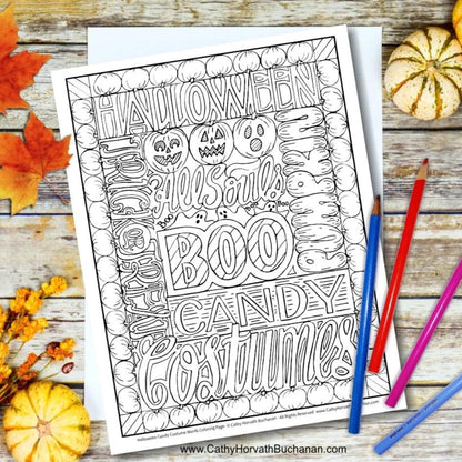 Halloween words coloring page by Cathy Horvath Buchanan