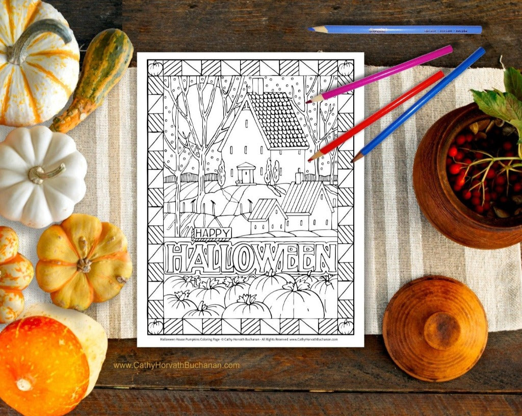 Halloween Haunted House Coloring Page, PDF Download Printable by Cathy Horvath Buchanan