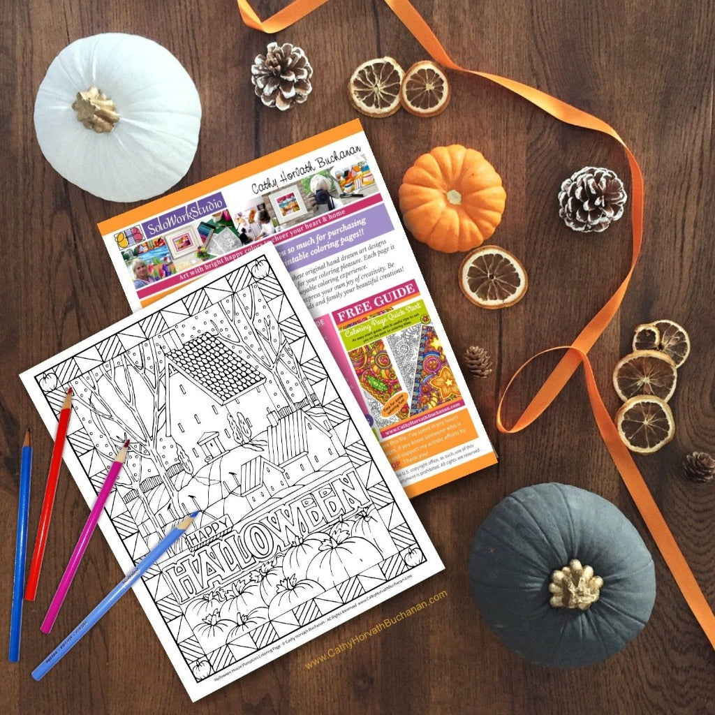 Halloween Haunted House Coloring Page, PDF Download Printable by Cathy Horvath Buchanan